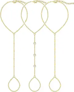 3PCS 14K Gold-Plated Hand Chain Bracelets for Women, Stack Bracelets Set Adjustable, Trendy Dainty Ring Bracelet Hand Chain