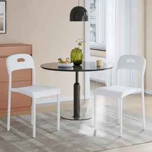 Garvee set with 2 modern stackable dining chairs, plastic frame, metal legs, easy assembly, water- and dirt-repellent, for kitchen, dining room, indoor and outdoor use, white