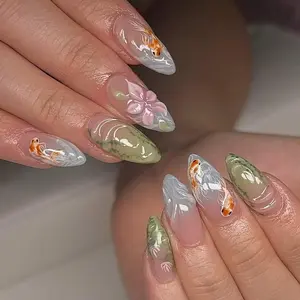 A32 Zen Pond Press-On Nails, Koi Fish and Water Ripple Design, Soft Green and Milky White Mix, Minimal Nature Vibes, Gift for Her