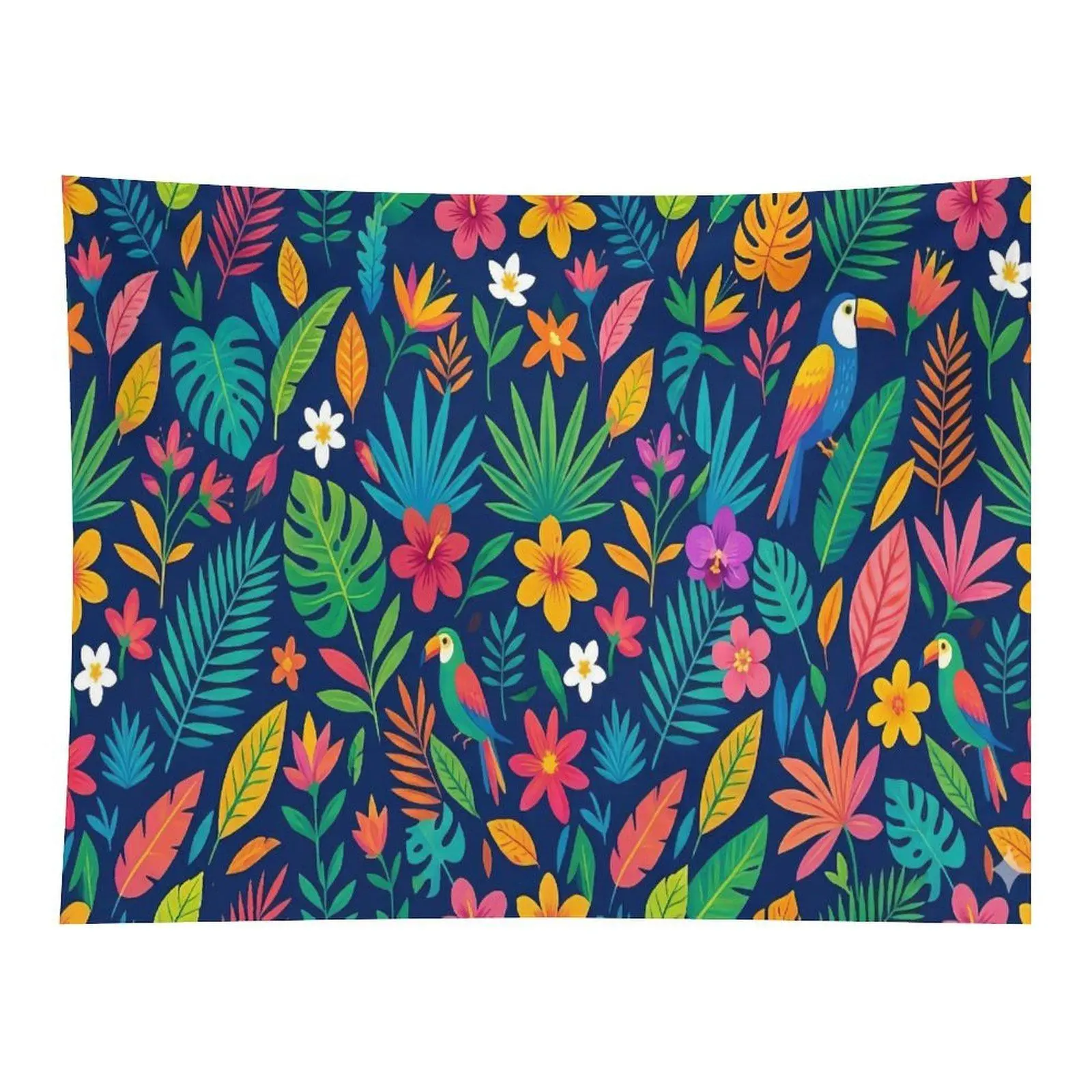Vibrant Tropical Jungle Pattern Wall Art Full Of Colorful Parrots Palm Leaves Exotic Hibiscus Flowers Dark Blue Background Bohemian Home Decor