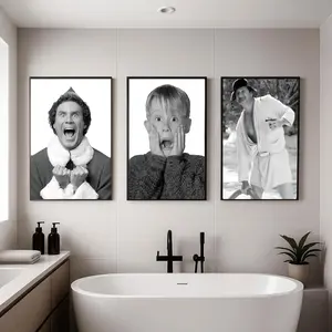 Interesting 3 Piece Set of Bathroom Decoration Murals Black and White Comedy Movie Scenes Canvas Printing for Toilet Area