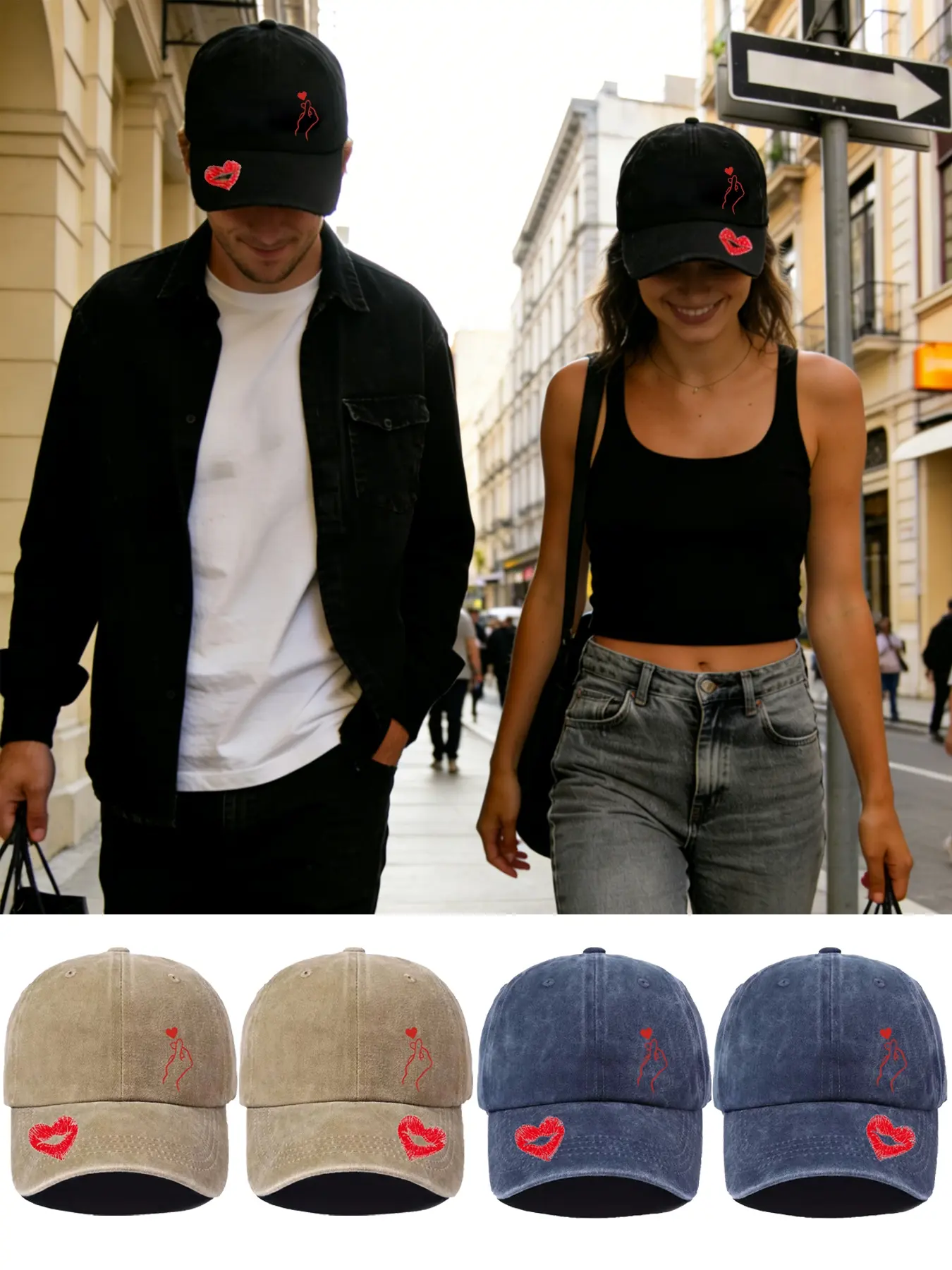 2pcs Couple's Vintage Valentine's Day Baseball Caps, Unisex Love Lips & Hand Heart Prints, Adjustable Outdoor Hats for Travel & Beach