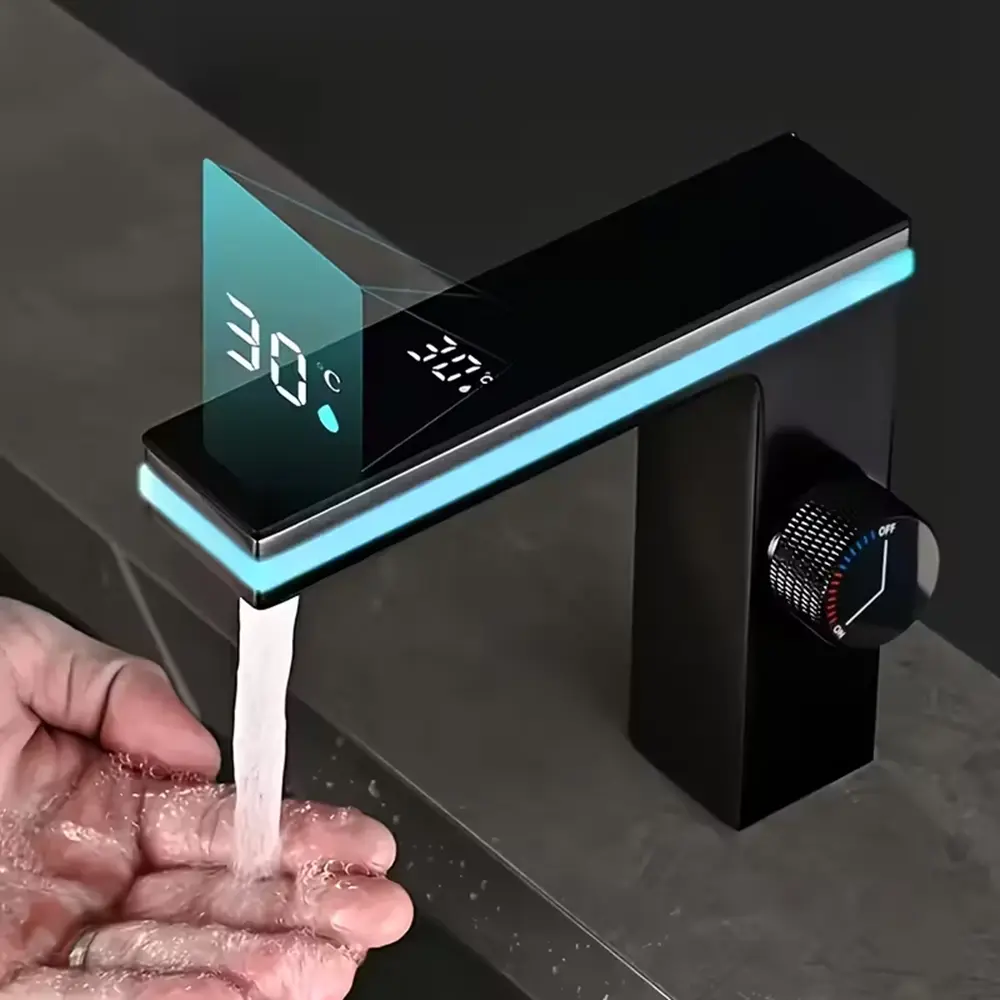 One Piece of Contemporary Black Bathroom Sink Tap Featuring a Digital Temperature Indicator, LED Display,
