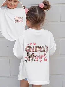 1pc Adorable "Grandma's Girl" Pink T-Shirt for Girls - Graphic Print Shirt, Casual Comfy, Soft & Stretchy polyester Crew Neck Short Sleeve Tee with Heart & Butterfly Accents, Perfect for Summer, Girls Shirts