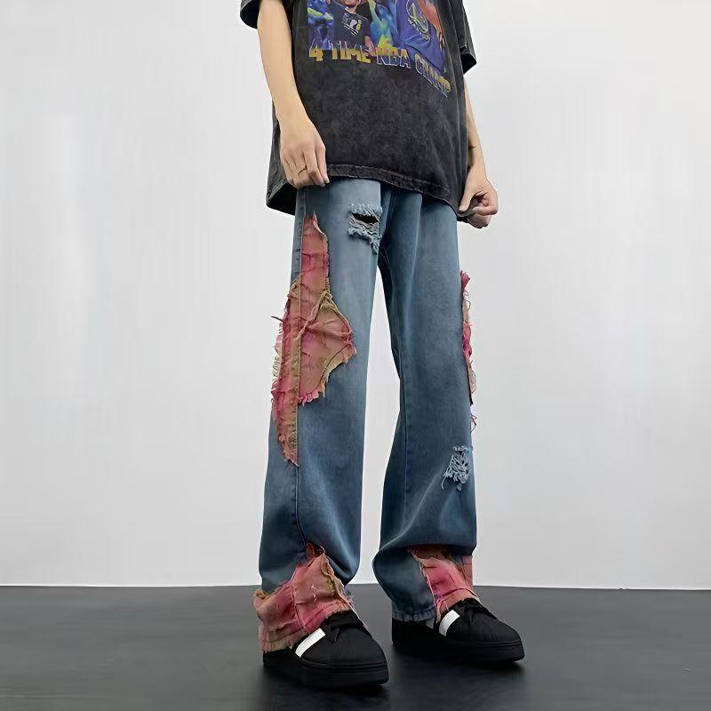 High Street Hip-Hop Flared Jeans for Men And Women Summer Street Design Splicing Mopping Pants, for Outdoor(button Holes Not Opened At Waist)