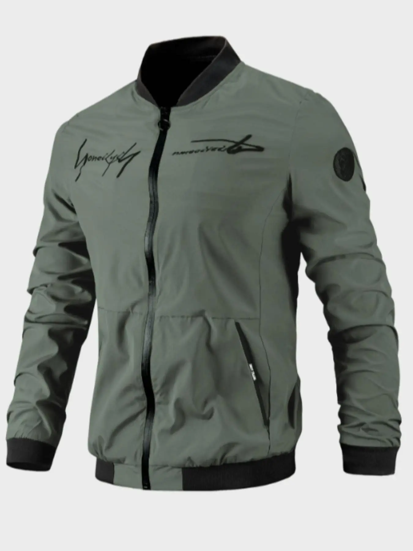 Men's Letter Print Zip Front Mock Neck Jacket, Regular Fit Casual Pocket Bomber Winter Jacket, Men's Edgar Outerwear, Menswear Tops
