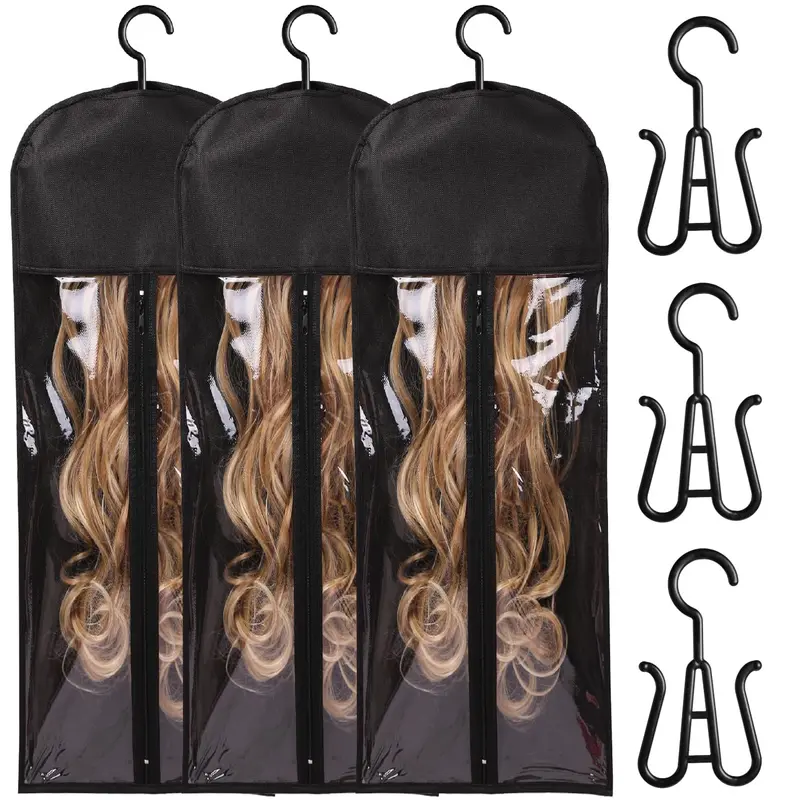 3PCS 31.5-Inch Wig Storage Bags with Hangers, Tags, Durable Cover & Dustproof Cover, Damage-Free Organizer for Hair Extensions & Accessories, Ideal for Home & Cosplay Events