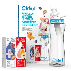 Cirkul 22oz. BPA-Free Plastic Water Bottle Starter Kit with Blue Lid, 2 Flavor Cartridges each (1 LifeSip Fruit Punch, 1 FitSip Mixed Berry) (Blueberry grape, Kiwi Berry) Zero Calories and No Sugar