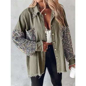 Women’s light denim patchwork colorful sequin lantern-sleeve collared button shirt jacket, casual cool style, perfect for daily wear and parties