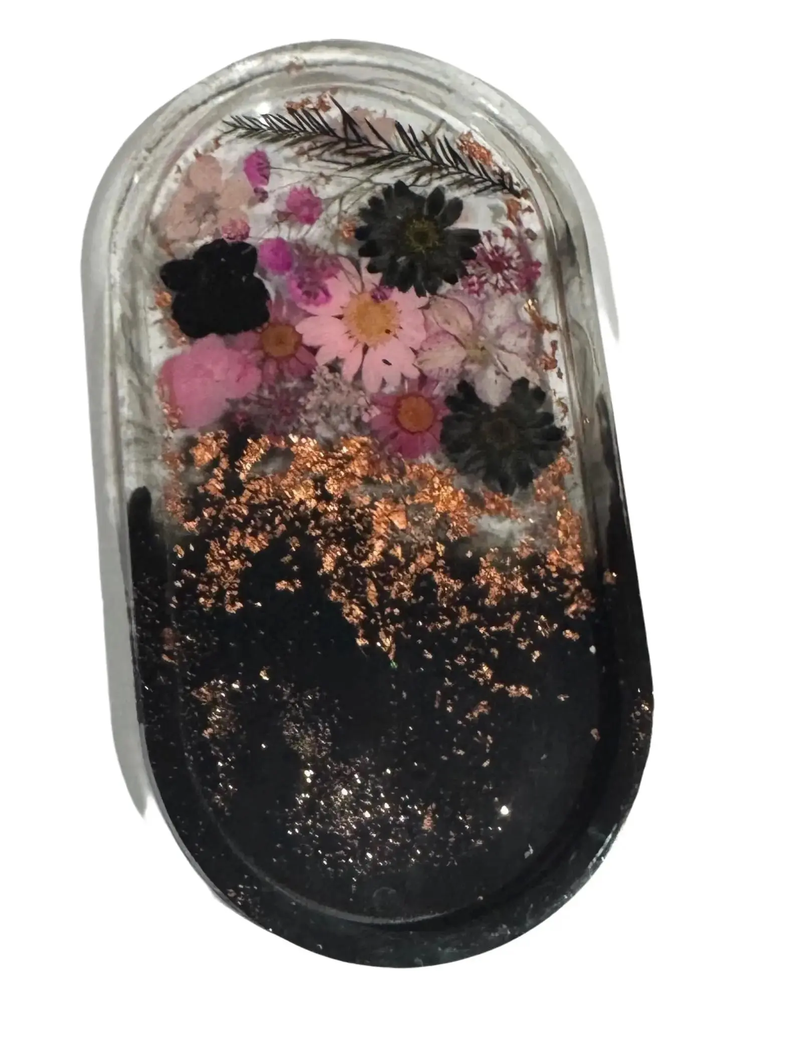 Floral Resin Jewelry Tray - Handmade Flower Plates with Black Accents & Rose Gold Flakes, 7" x 3.75",  Durable Design, Multicolor