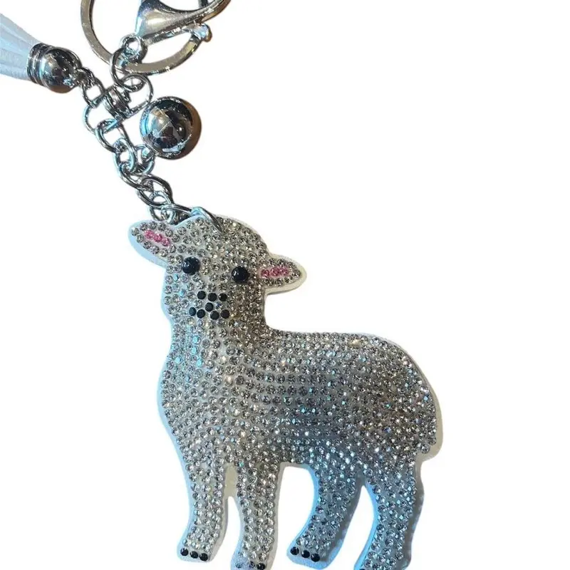 Sheep Bag Charm - Rhinestone-Decorated Keychain with Silver Color Finish and Pink Ears