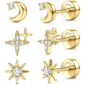 Flat Back Earrings Stud Set 3 Pairs 14K Gold Plated Sterling Silver Post Hypoallergenic Cartilage Helix Tragus Conch Comfy Sleep Earrings CZ Opal