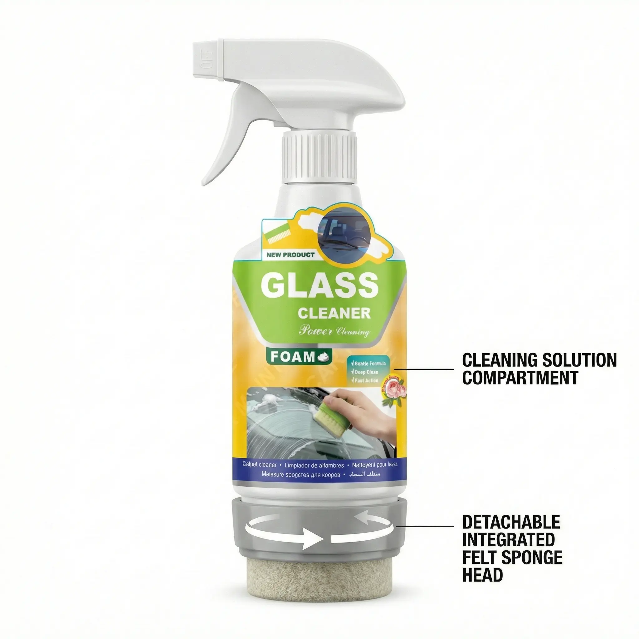 Hreinndalar Car Glass Cleaner with Built-in Applicator, 1-in-1 Windshield Foaming Solution for Oil Film, Dust, Stains & Grime Removal
