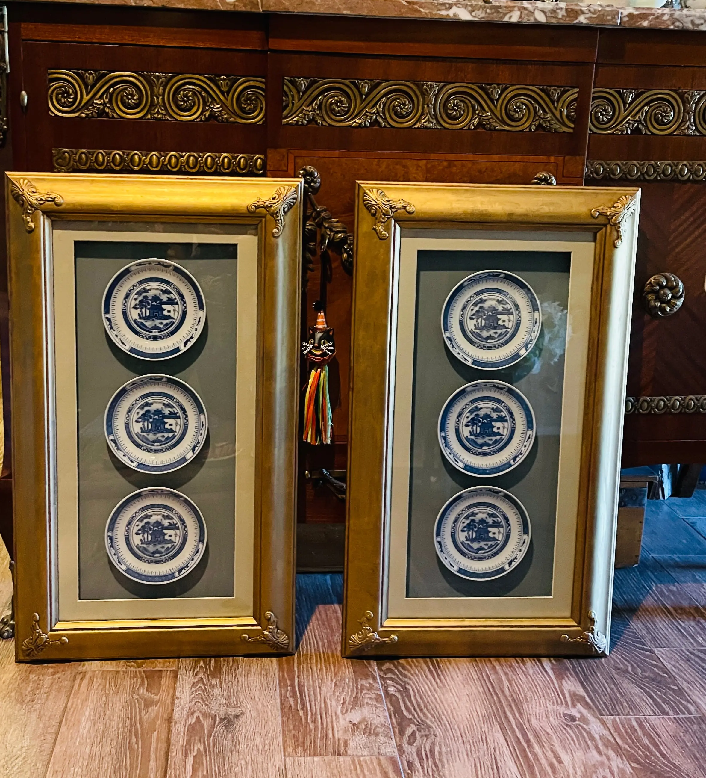 Vintage Framed Chinese Blue & White Porcelain Pagoda Wall Art | Professionally Matted & Framed Chinoiserie Décor