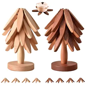 Wooden Trivet Set Heat Resistant Foldable Tree Style Walnut Wooden Coasters 4pcs + Stand for Hot Pots Pans Bowls Teapots, Solid Wood Kitchenware Table Decor, Christmas Kitchen Accessories Space Saving Gift Idea