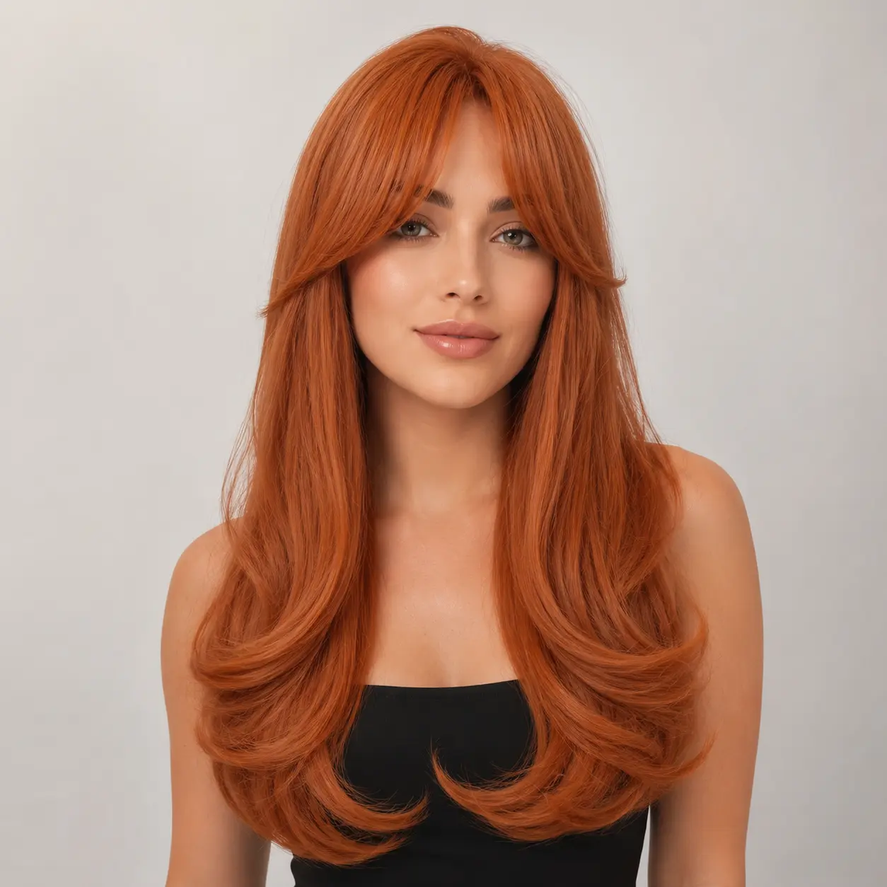 29" Long Copper Auburn Wavy Wig with Curtain Bangs – Warm Ginger Red Synthetic Hair, Smooth Crown to Curled Ends Daily Wig for Women