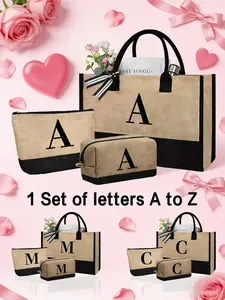 3PCS/Set Womens Tote Bag, Lightweight Tote Bag, Casual Commuter Bag, Includes Khaki Handbag And Makeup Bags, Portable Large Capacity Shoulder Bag With A-Z Letter Print Pattern, Reusable Shopping Bag, Storage Pouch For Vacation Getaway