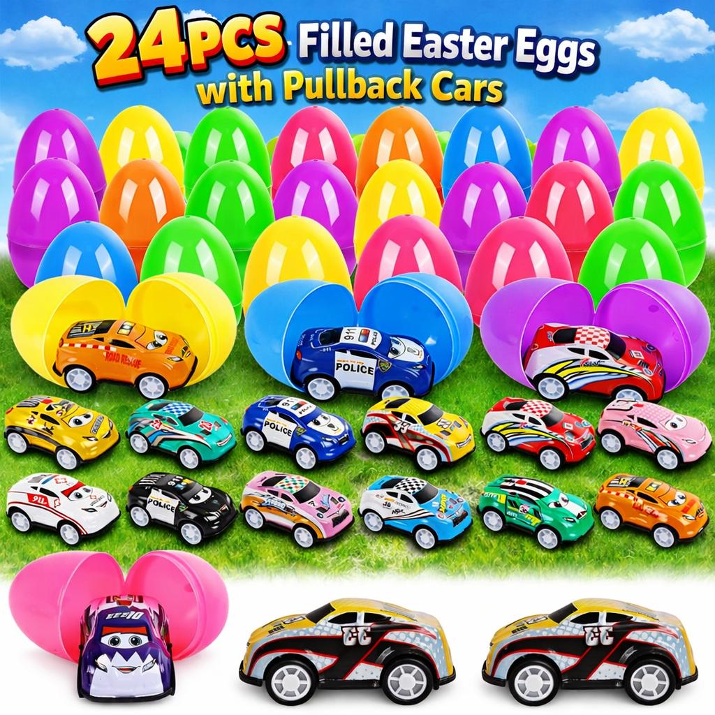 24PCS Easter Eggs with Pullback Cars – Colorful Plastic Eggs for Easter Egg Hunt, Party Favors, Basket Fillers for Kids Boys & Girls