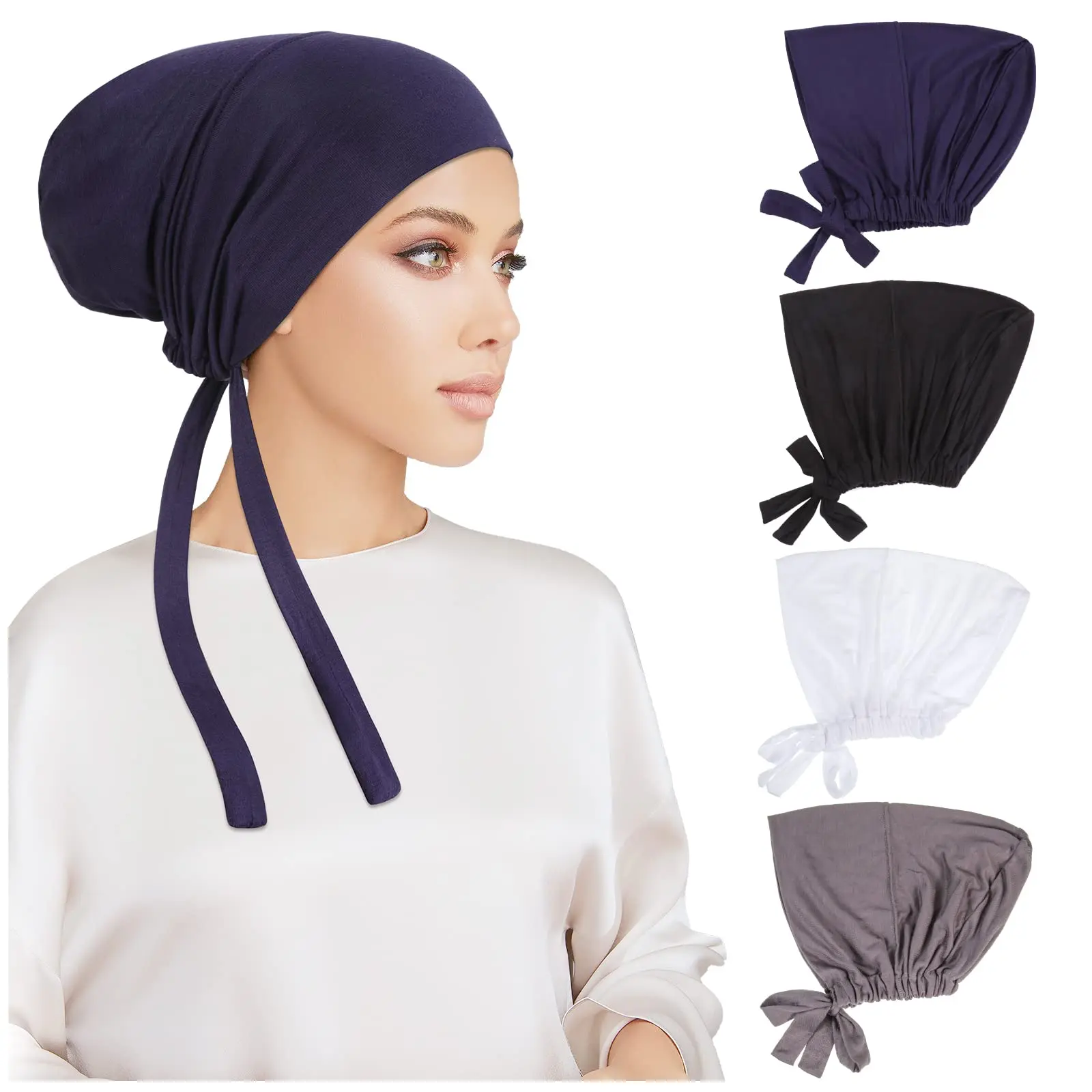 Women's 4-Piece Modal Breathable Islamic Hijab Undercap - Modesty Inner Scarf Hat Turban with Tie-Back Closure, Easy to Wear for Muslim Daily Cooking, Specialty Kitchen Accessory, One Size, Underscarf Hat, Four Pieces