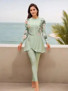 Women's Floral Print Zipper One-piece Swimsuit & Pants & Wrap Cover Up Skirt, Modest Long Sleeve Stand Collar Three-Piece Set Swimwear for Beach Swimming, Ladies Swimsuit for All Seasons, Modest Fashion Swimsuit