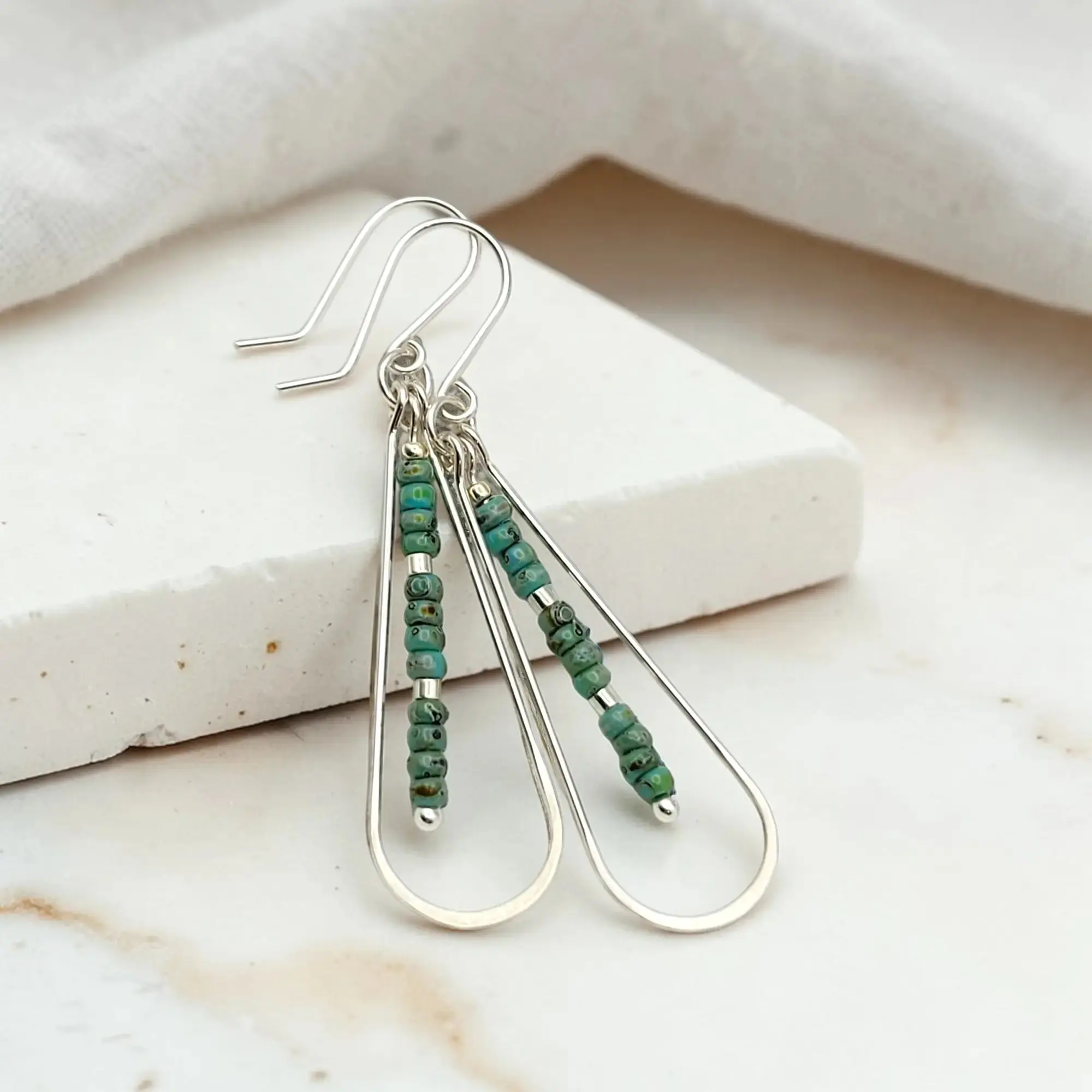 Long Silver Teardrop Hoop Earrings with Turquoise Beads