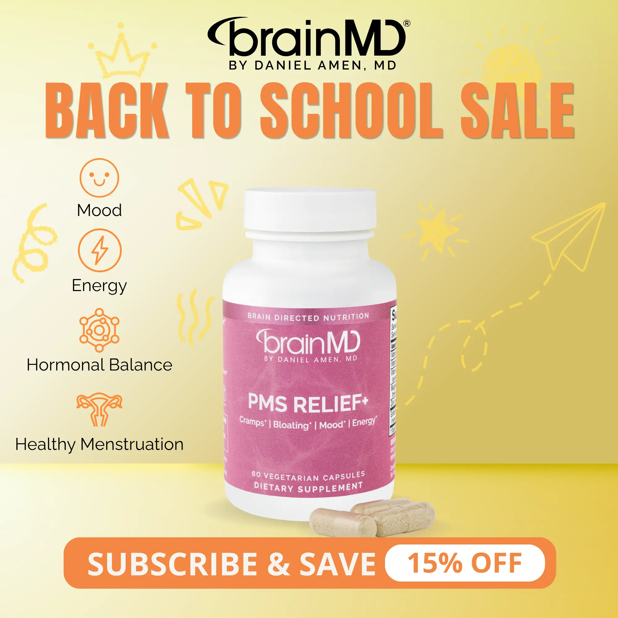 PMS Relief+ | BrainMD | 60 Capsules | Mood & Hormonal Balance Support | Menstrual Comfort & Energy | Ginfort Ginger Extract with Magnesium & Zinc