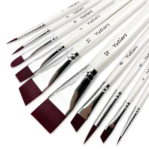 10pcs Professional Artist Paint Brush Set, White Handle, Nylon Bristles,Flat & Angled Brushes for Face Painting, Watercolor
