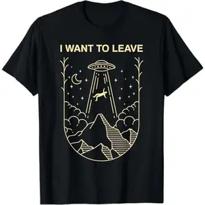 Men's Casual Short-Sleeve Round Neck Graphic T-Shirt - Alien Print, UFO Motif, Extraterrestrial "I Want to Leave" Design for Alien Lovers