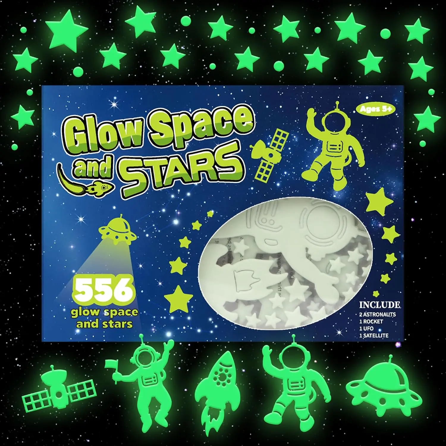 556 count Glow in The Dark Stars for Ceiling,  Glow in The Dark Space Galaxy Stickers Astronaut Rocket  Dots Stars for  Room Wall  Ceiling Decorations Party Birthday  (Green)