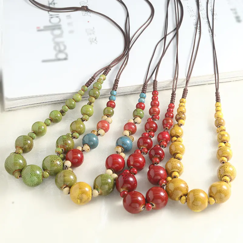 Colorful ceramic bead necklace for women, light luxury niche vintage pendant, round bead sweater chain, long accessory