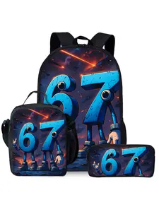 Cartoon Man Digital 67 Printed Backpack 3-Piece Set Includes Lunch Bag and Pen Case