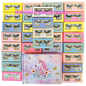 30 Pairs C&D Curl Natural Medium False Eyelashes,3D Effect Curl Synthetic Fiber Lashes,Randomly Packed Styles Mixed Length,Resuable and soft,round eye and cat eye style,use for everyday and make up