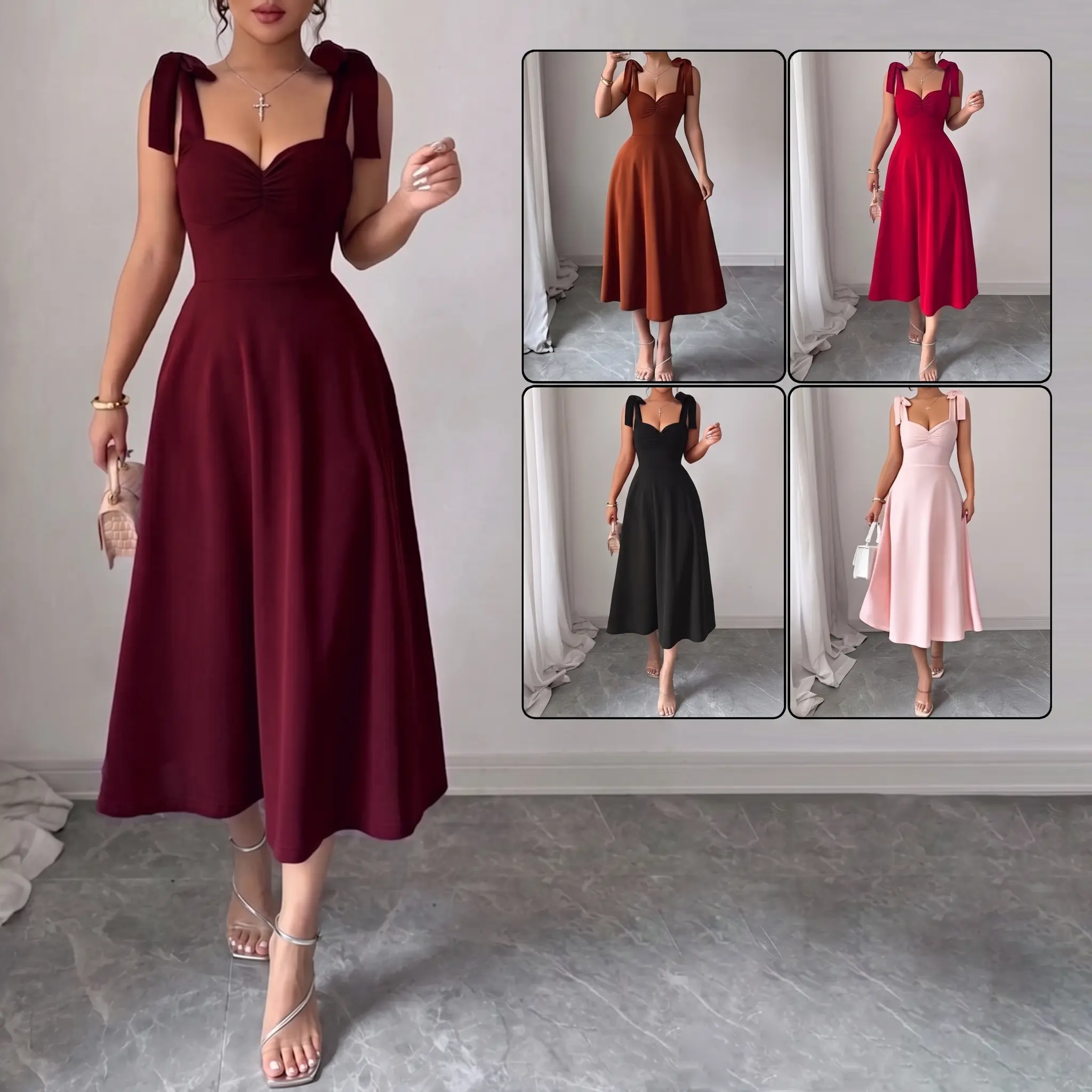 Women's Tie Shoulder Sweetheart A-Line Midi Dress Classic Flared Cocktail Dress