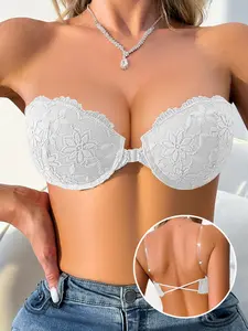 Women's Lace Front Buckle Strapless Backless Bra, Deep V Push-Up Underwire Anti‑sagging Breathable Bandeau, Comfortable Multiway Invisible for Daily Wear Backless