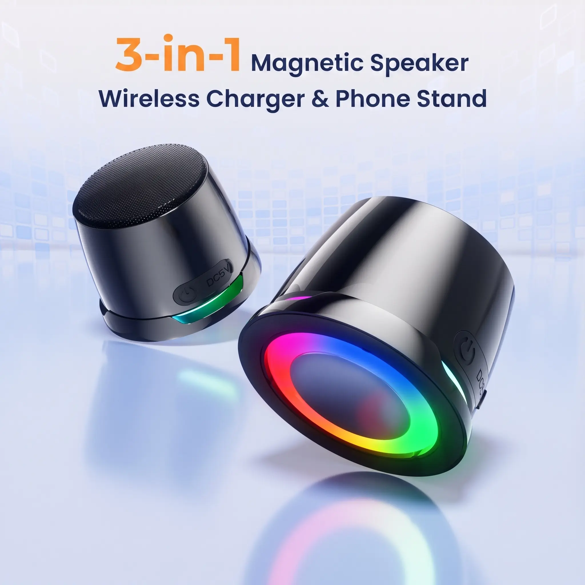 3-in-1 Magnetic Bluetooth Speaker Portable Gadgets - MagSafe Wireless Charger, Phone Stand, 100dB Stereo Sound Upgrade, RGB Lights, 2.85oz Ultra Mini Speaker for iPhone 16/15, Desk Setup
