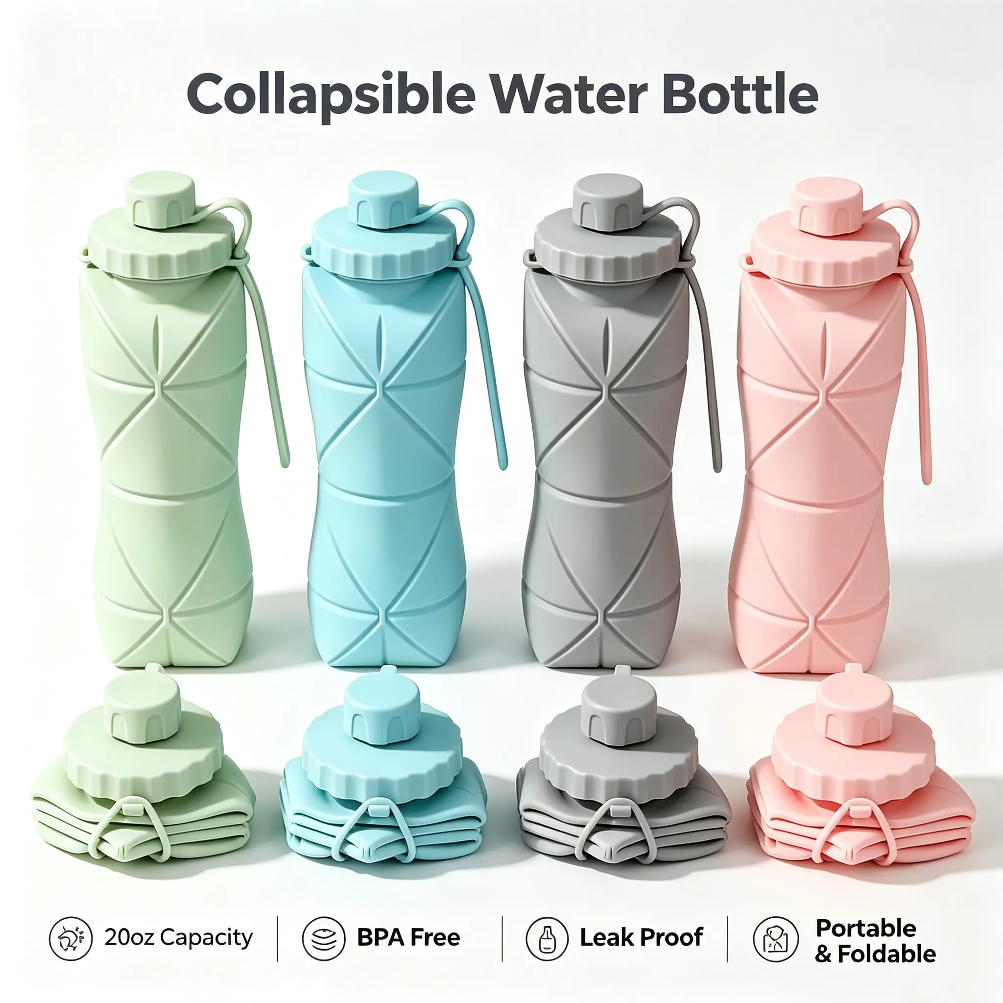 Collapsible Water Bottle 20oz — Foldable Silicone Travel Bottle for Gym, Hiking & Camping, BPA Free Leak Proof
