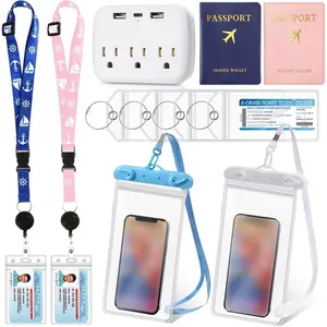 Cruise 11 Count Cruise Accessories Kit with 2 Lanyards, 4 Luggage Tag Holders, 2 Passport Holders & 2 Phone Bags - Cute Color Power Strip Included