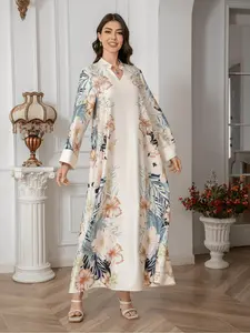 Women's Floral Print Long Sleeve Dress, Kaftan Dress, Elegant Modest Style Fashion Casual Long Dress for Daily Outdoor Wear, Women's Islamic Clothing for All Seasons, Islamic Muslim Clothing, Modesty Muslim Clothing, Muslim Women Gowns