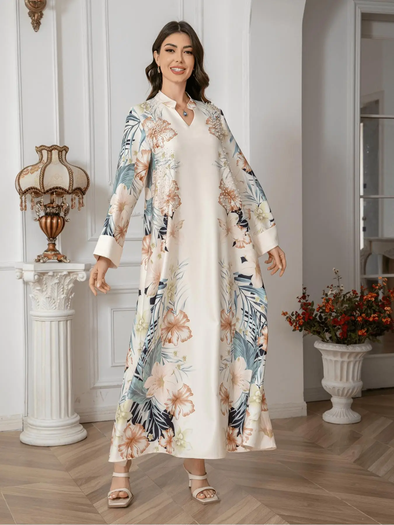 Women's Floral Print Long Sleeve Dress, Elegant Fashion Casual Long Dress for Daily Outdoor Wear, Women's Islamic Clothing for All Seasons