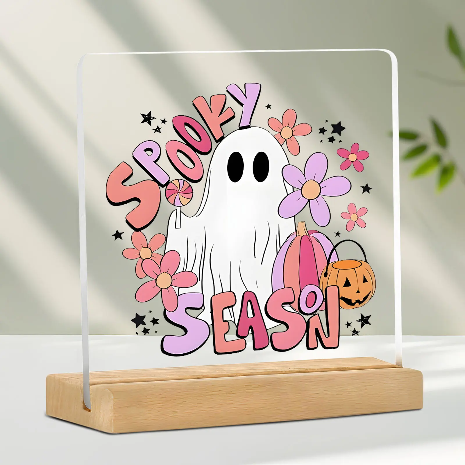 Cute Halloween Ghost Decoration, Ghost & Pumpkin Lantern Sign, Home Office Halloween Decor, Spooky Season Ornament