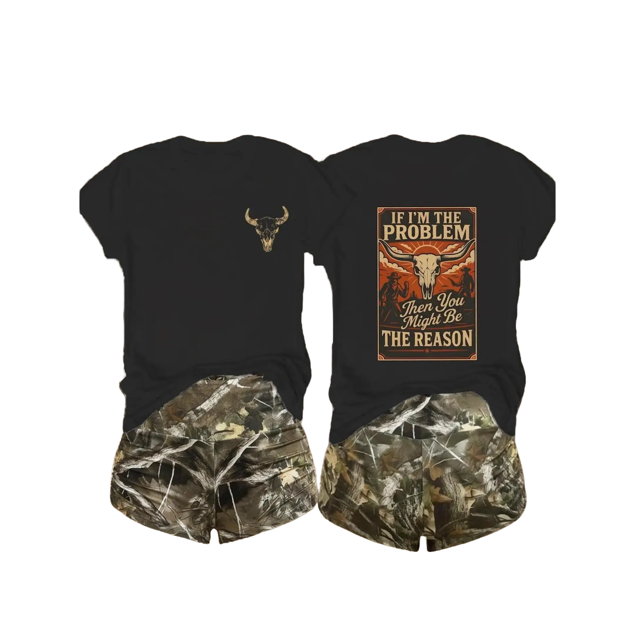 Women's T-Shirt, Casual, Comfortable Fabric, Crew Neck Short-Sleeve, Loose-Fit, & Camouflage, Western Skull & Slogan Graphics