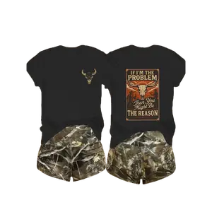 Women's T-Shirt, Casual, Comfortable Fabric, Crew Neck Short-Sleeve, Loose-Fit, & Camouflage, Western Skull & Slogan Graphics