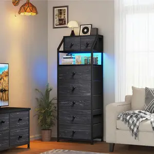 Raybee 51.2" Tall Dresser with LED, Aesthetic Modern Bedside Table, 7 Drawers with Open Wood Shelf & Fabric Bins, Stylish Space-Saving Design for Small Apartments, Sleek Home Decor for Bedroom, Living Room, Hallway, Entryway & Closet Organization