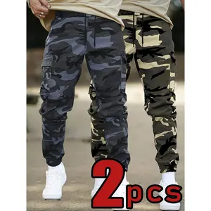 2-Pack Camo Cargo Pants, Casual Polyester Joggers with Drawstring Waist, Multiple Pockets, and Cuffed Ankle, Non-Stretch Woven Fabric, Regular Fit