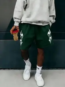 Men's Geometric Print Shorts, Street Style Loose Fit Casual Outdoor Shorts, Spring & Fall Fashion Bottoms for Men