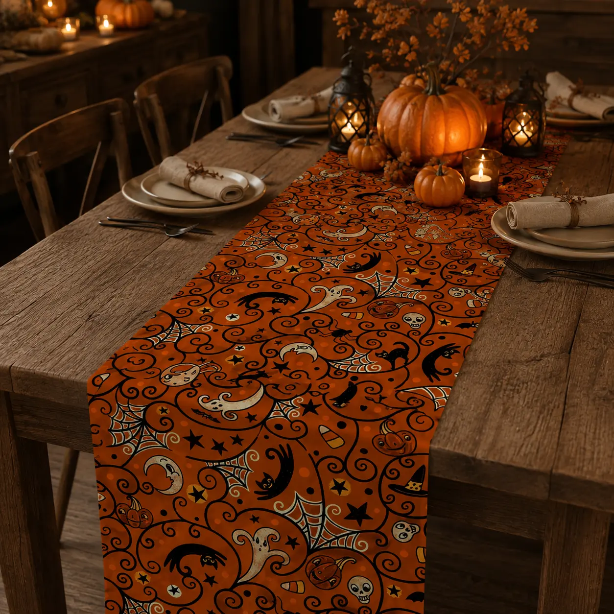 Halloween Table Runner, Orange Ghost Pumpkin Spider Web Table Decor, Spooky Fall Dining Table Runner