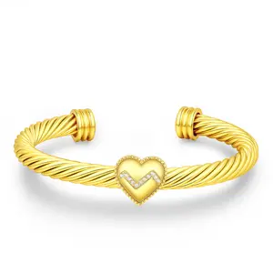 Mytys Heart & Zircon Accent Elegant Twisted Two-Tone Cuff Bracelet for Women Stainless Steel Bangle Rhodium Plated Perfect Jewelry Gift for Fashion Lovers