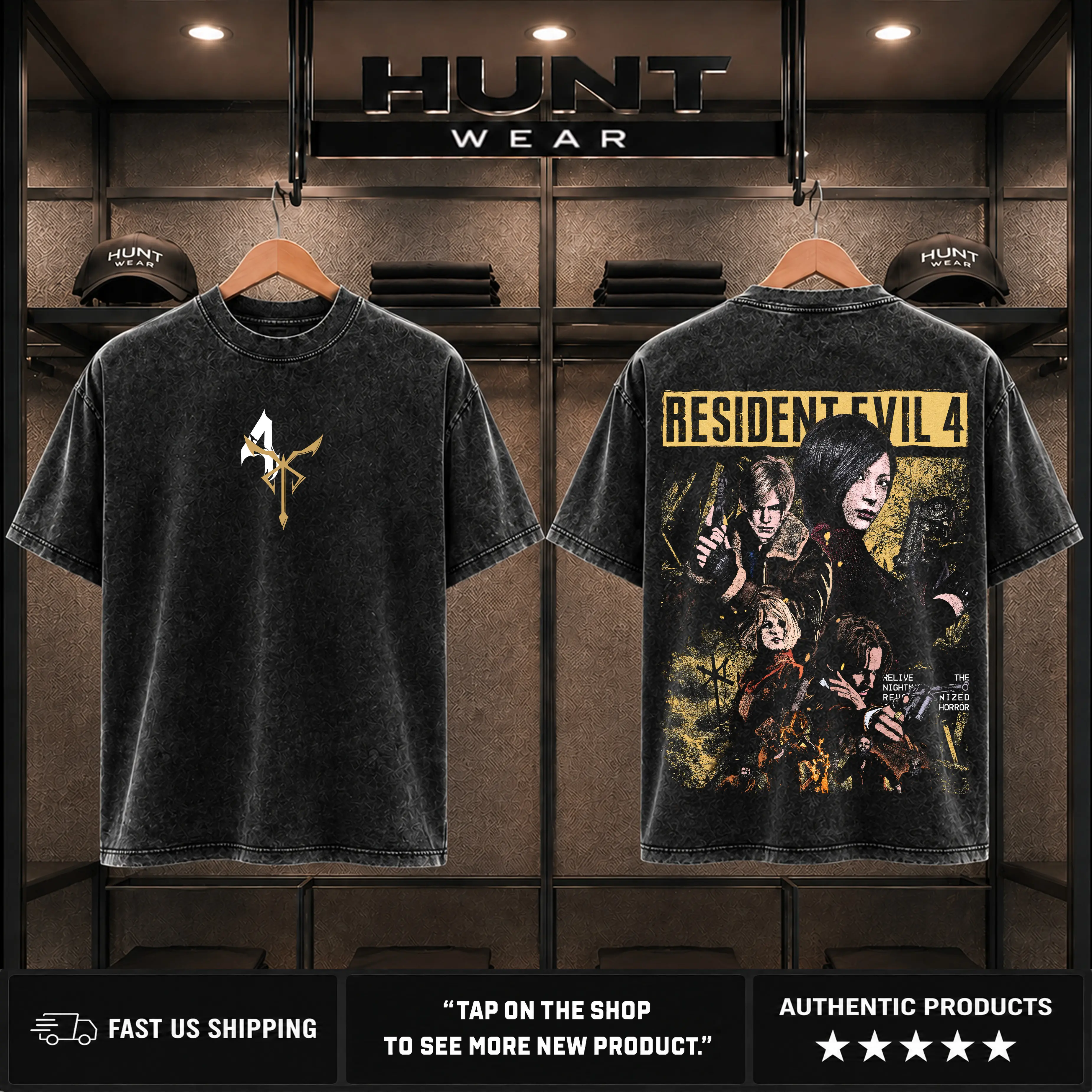 Resident Evil 4 Remake Hoodie & T-Shirt Leon & Ada Graphic, Vintage Acid Wash Apparel, Survival Horror Game Merch, Gold Poster Pullover, Unisex Cotton Top