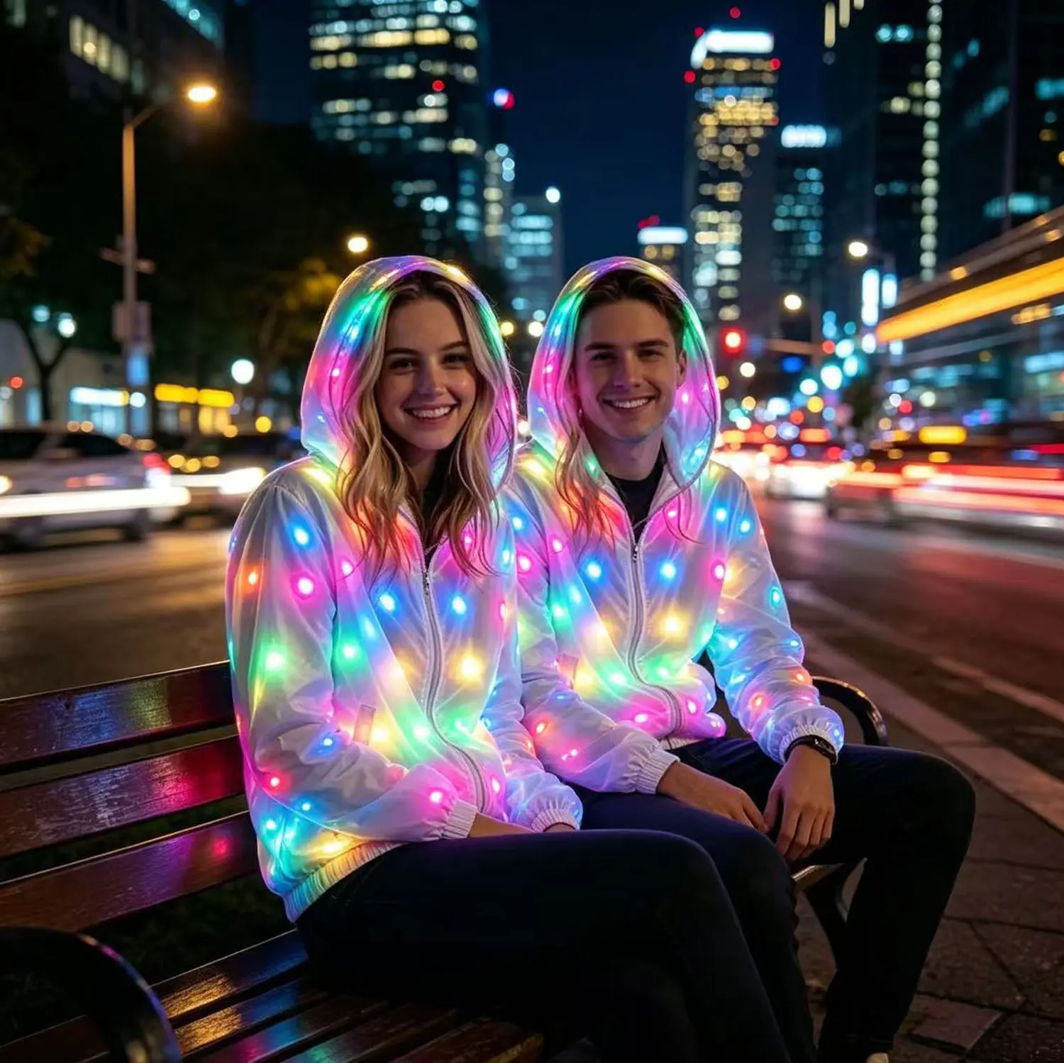 Super Cool Couple Washable LED Glitter Jacket for Adults Unisex Fantasy Cosplay Reflector Vest with Colored Lighting for Novelty Party Supplies Holiday Dance Wear