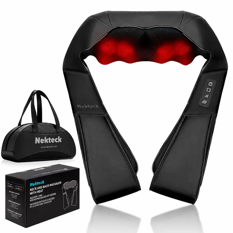 Nekteck Shiatsu Neck & Back Massager with Bag, Soothing Heat Electric Deep Tissue 3D Kneading Massage Pillow for Shoulder Leg Body Muscle Pain Relief 8 Soft Springy Massage Heads, Christmass Gifts
